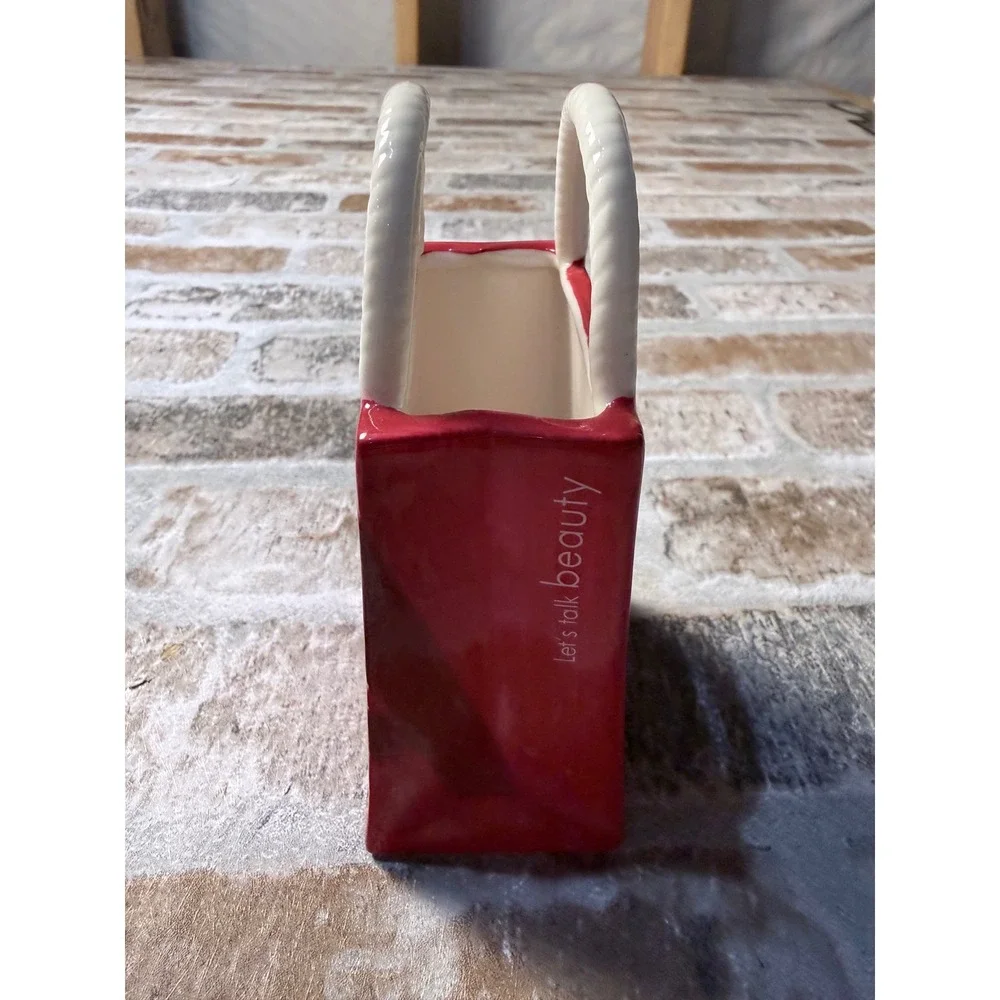 Vintage Avon Red Ceramic Shopping Bag Planter Vanity Organizer Lets Talk Avon